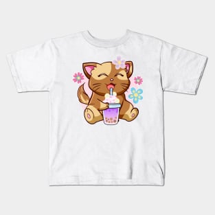 Boba Cat Tea Neko Girl Teen Bubble Kawaii Anime Japanese Kids T-Shirt